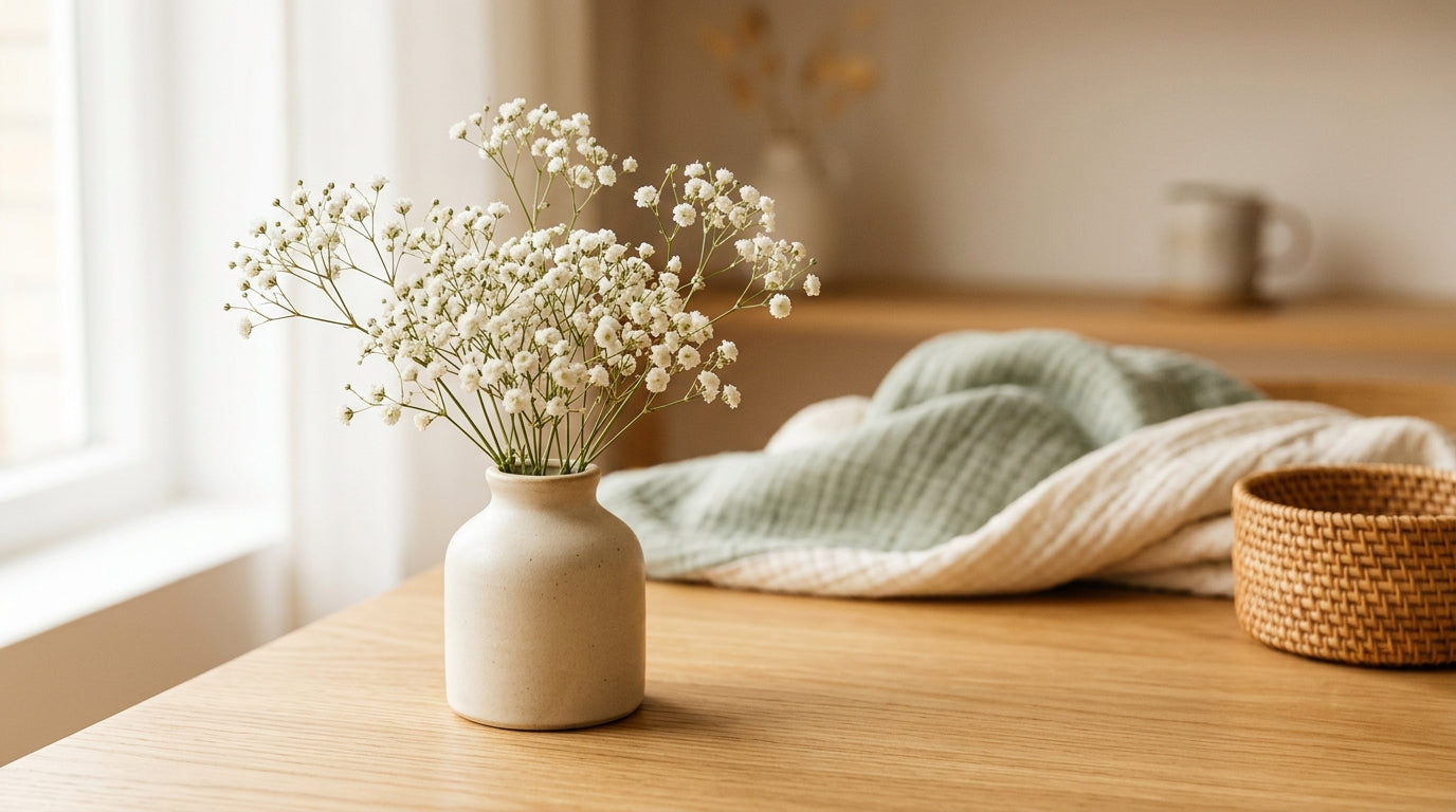 Dried white baby's breath flowers in a glass mason jar