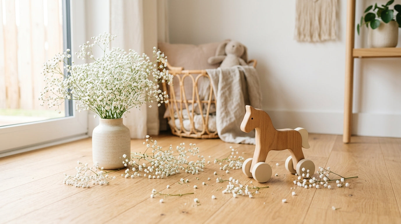A messy living room floor covered in dried baby's breath flower stems