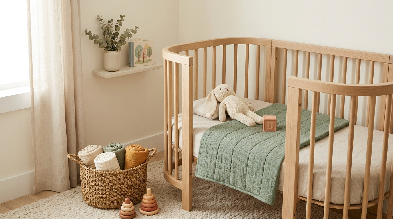 A messy nursery changing table with an organic cotton baby blanket