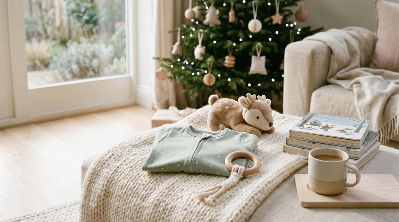 Mother laughing while her baby plays with a simple wooden toy under the tree
