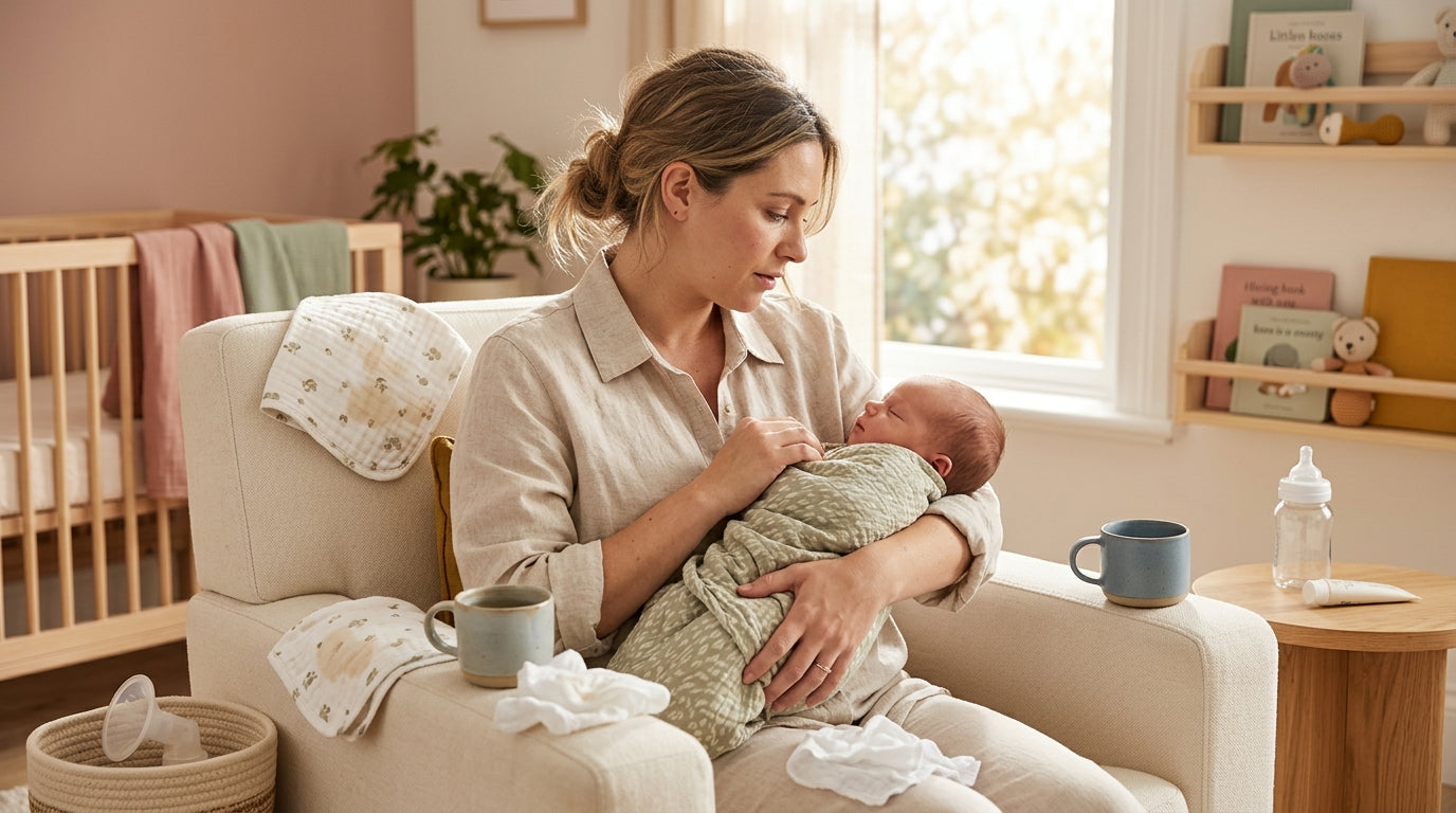 A tired but happy baby's mom holding her newborn on a messy nursery floor