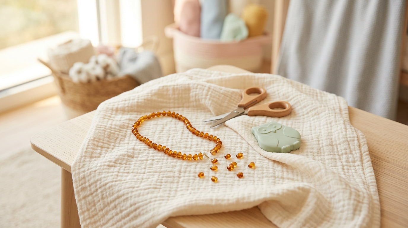 Panicked mom looking at a broken amber baby necklace next to a wooden crib