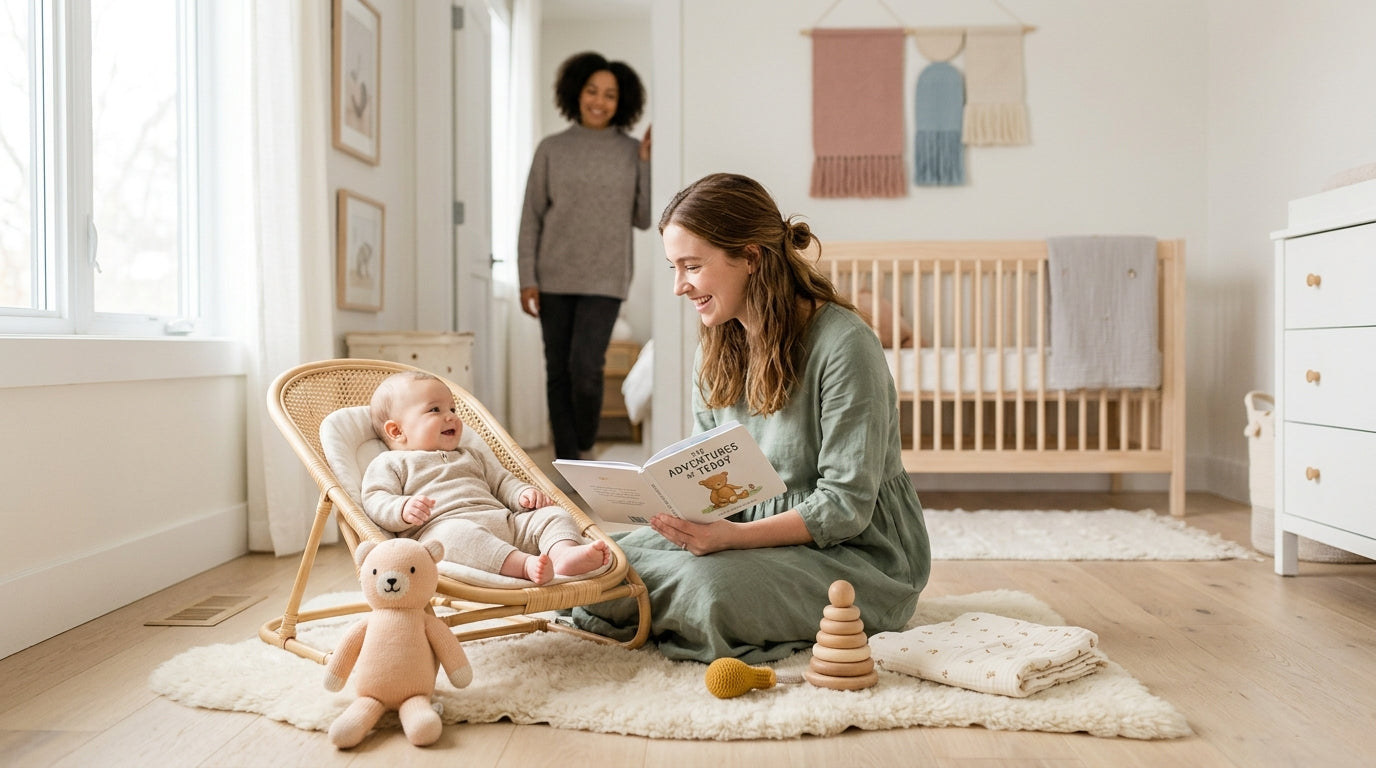 A teenager playing with a baby on a playmat in a living room