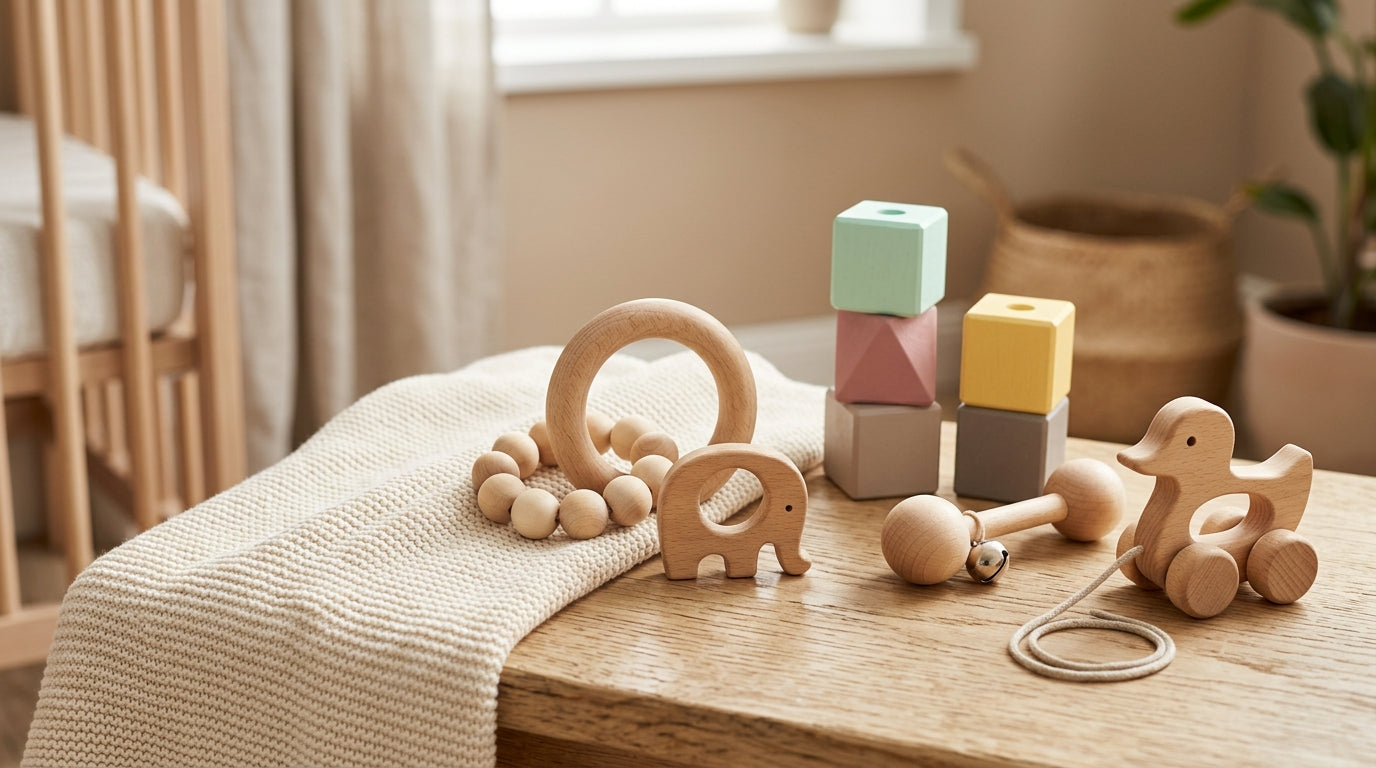 A chewed up wooden baby rattle sitting next to a half empty mug of cold coffee