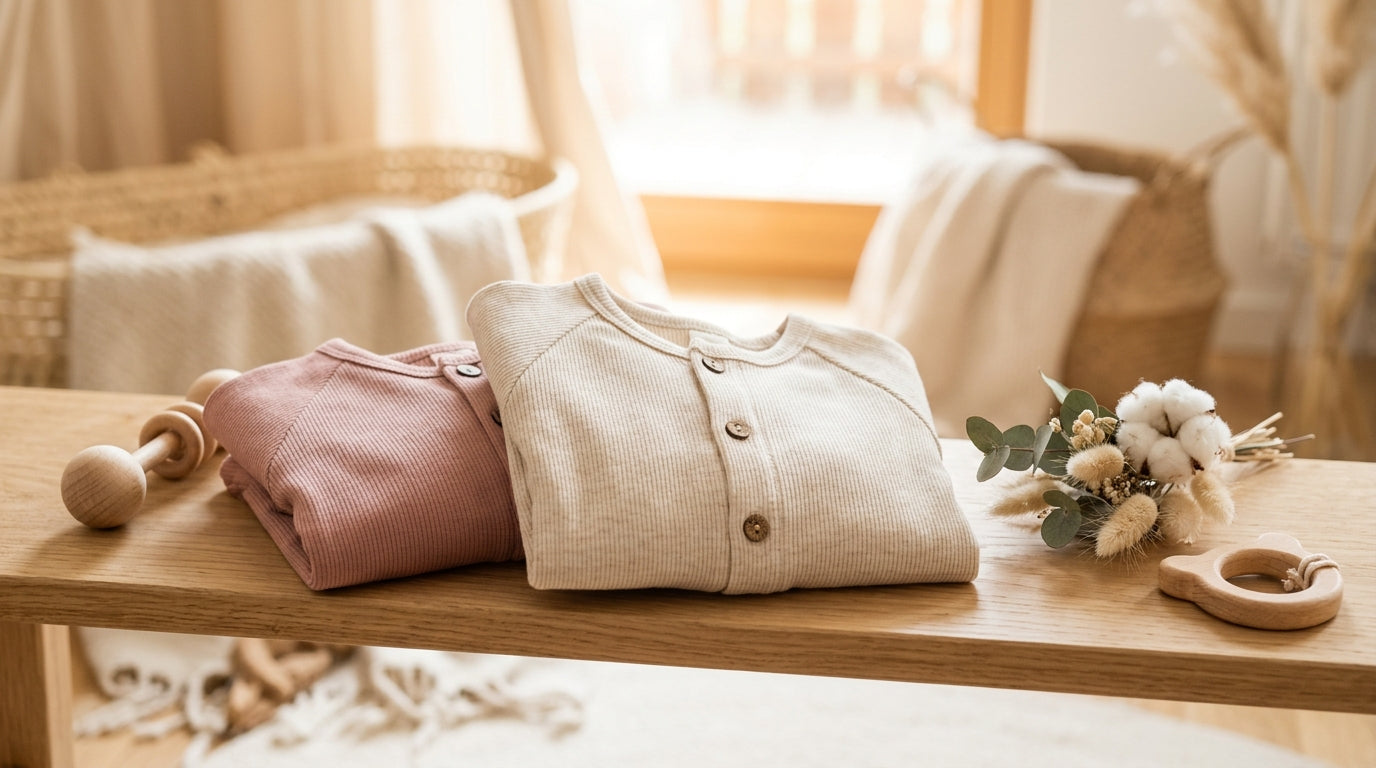 A folded organic custom baby romper sitting on a changing table next to safe wooden toys