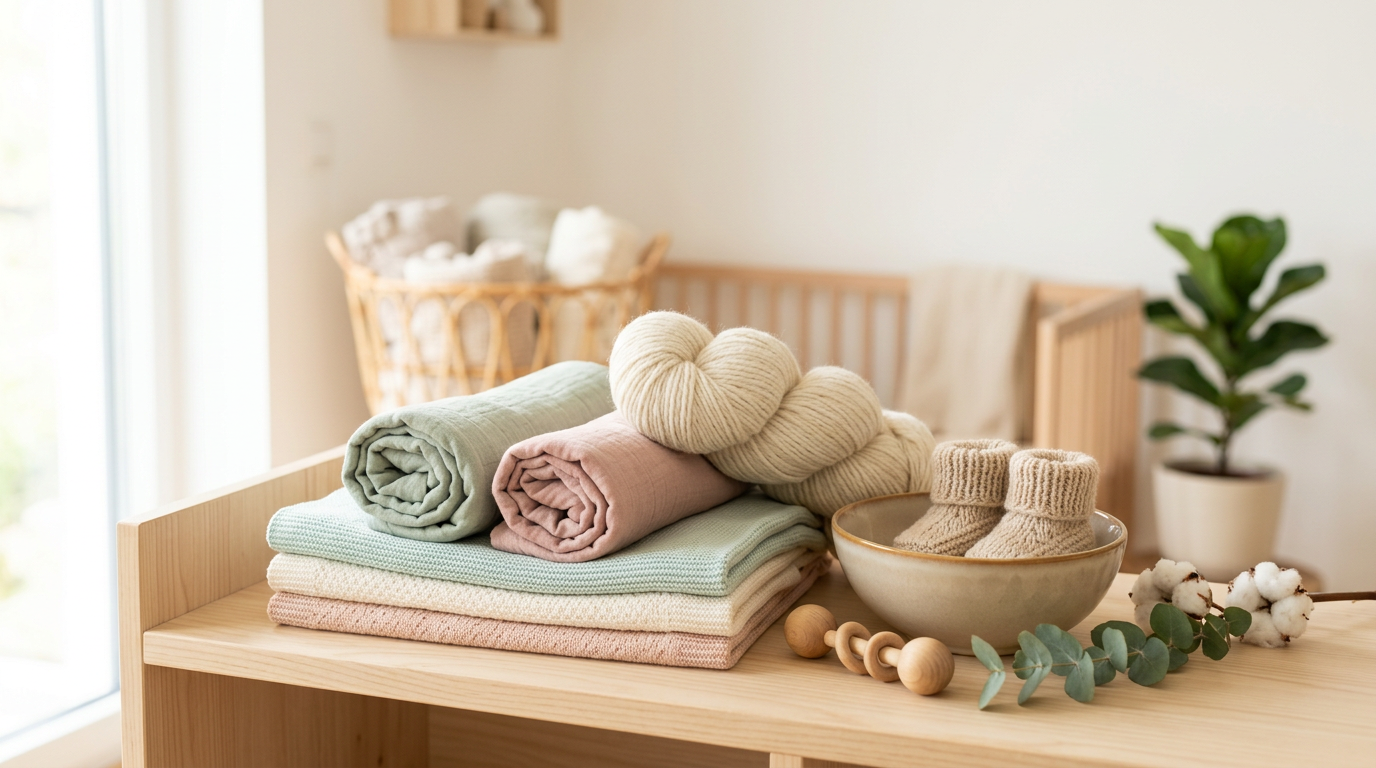 A slightly tangled ball of organic baby yarn next to a wooden teething ring