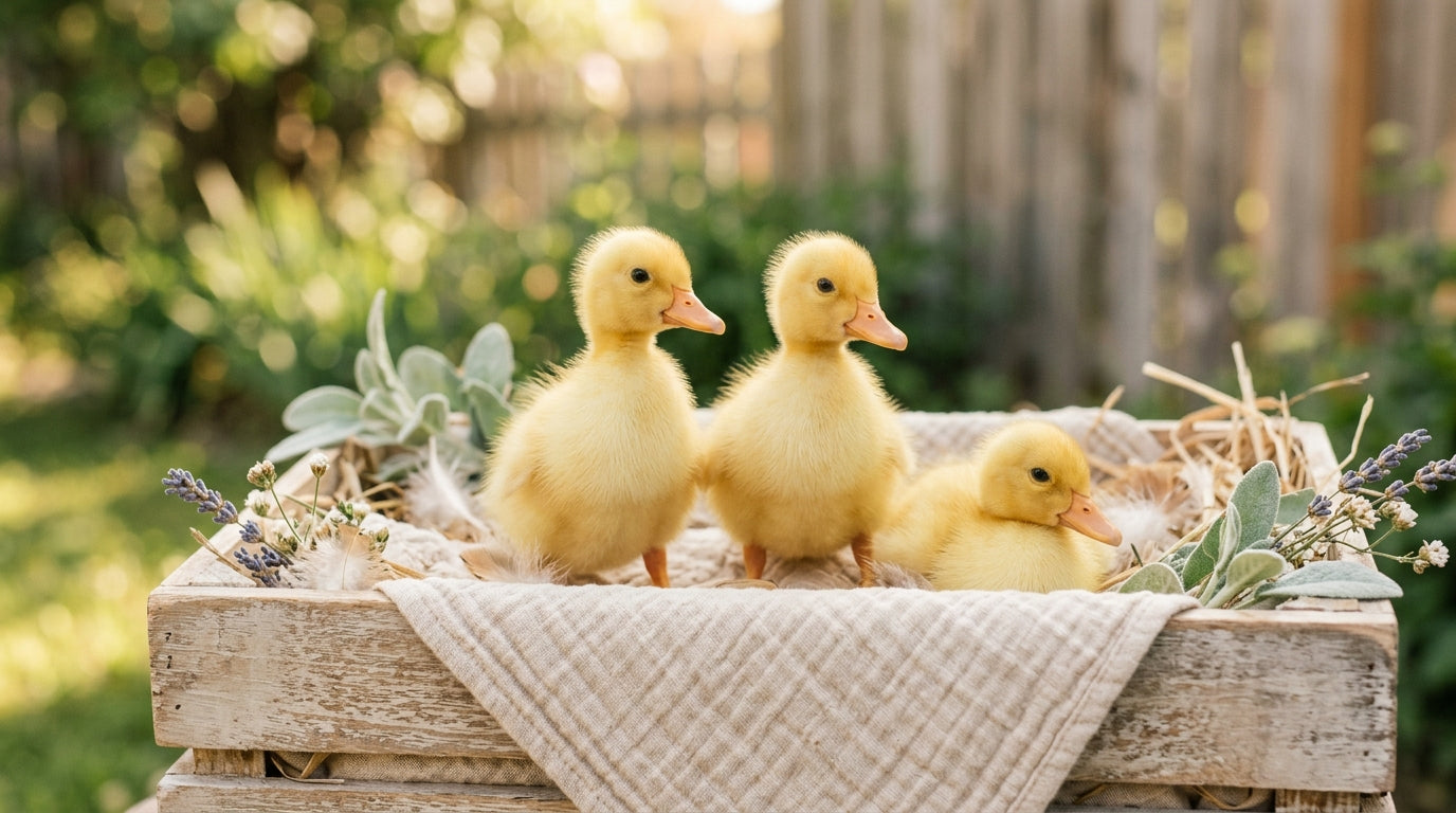 A bewildered dad holding a baby while looking at a fluffy duckling