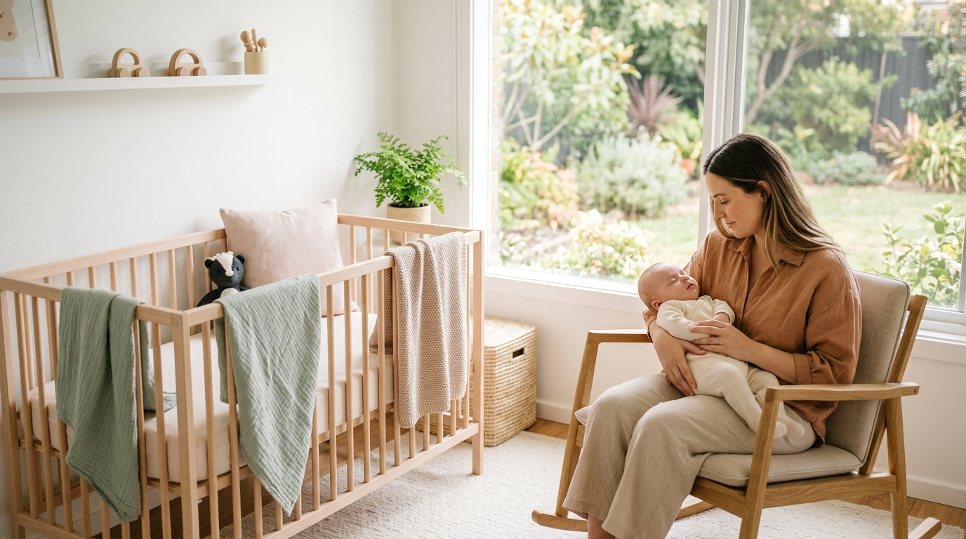 Stressed dad looking out at a backyard wooden deck with a baby monitor