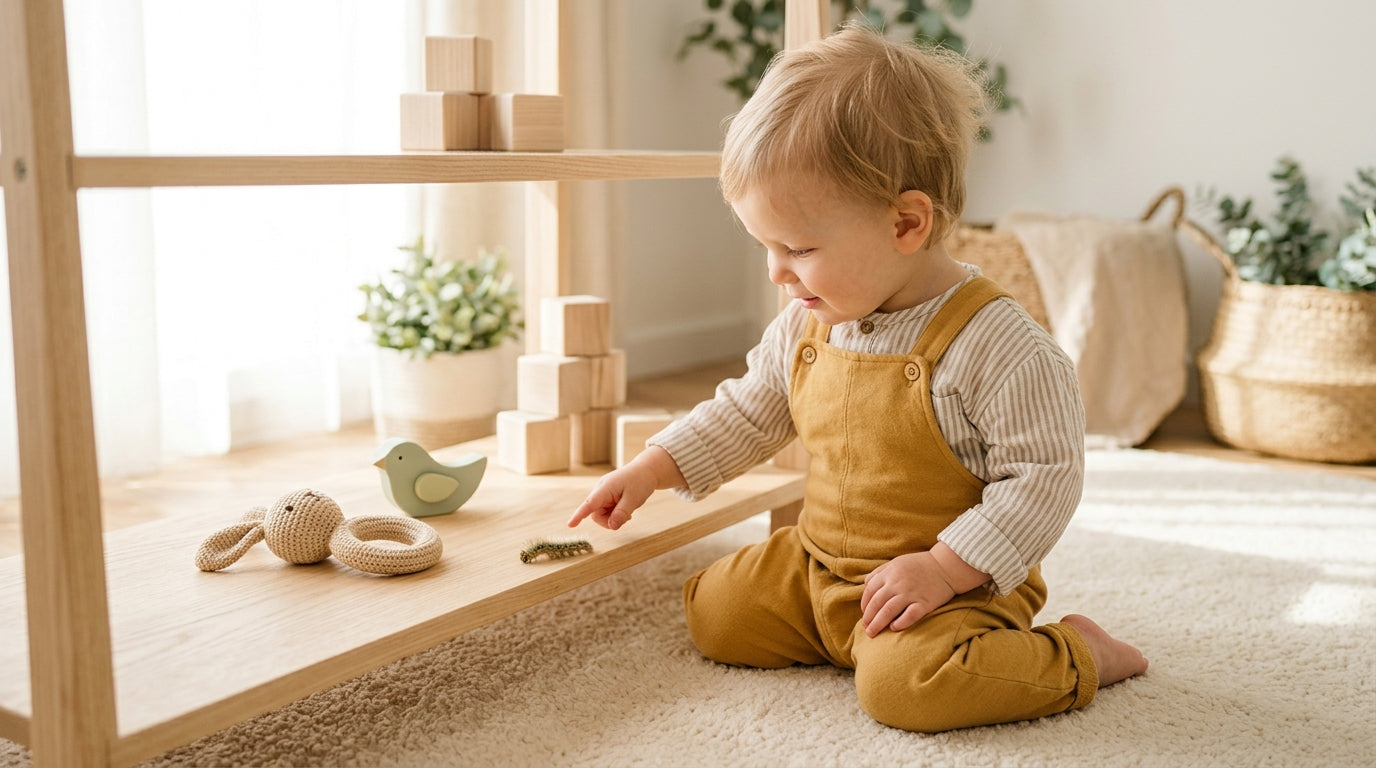 Toddler playing indoors safely on a clean mat away from wildlife