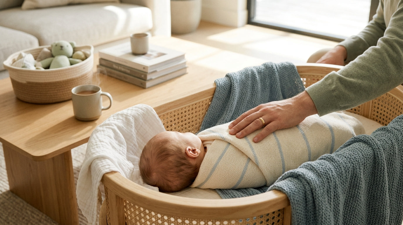 Messy baby blue nursery with a wooden crib and scattered organic cotton blankets.