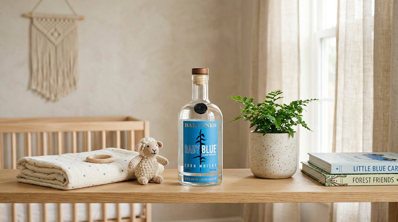 Glass bottle of liquor sitting mistakenly next to organic baby items