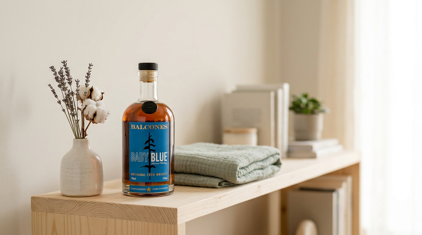 Bottle of Balcones baby blue whiskey next to a wooden teething ring on a high shelf away from kids