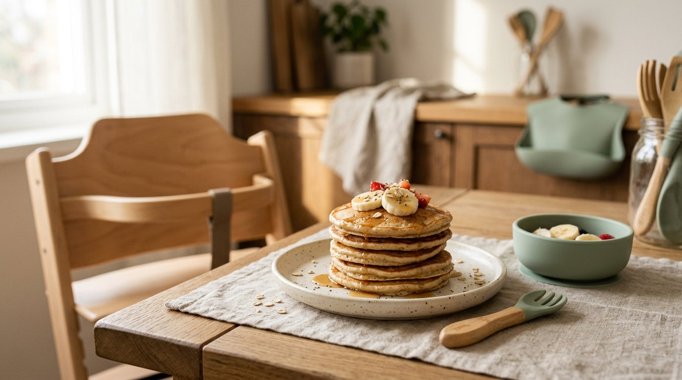 Two slightly squashed fruit pancakes on a highchair tray next to a very messy toddler.