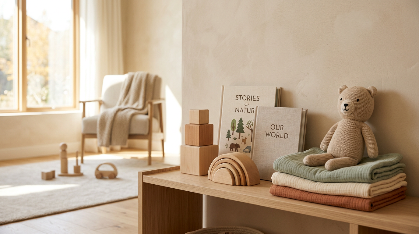 Mom folding laundry while toddlers play on a wooden mat (max 125 chars)