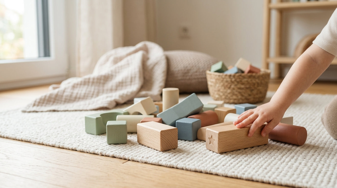 Toddler Leo knocking down a wobbly tower of wooden bausteine kinder in the living room.