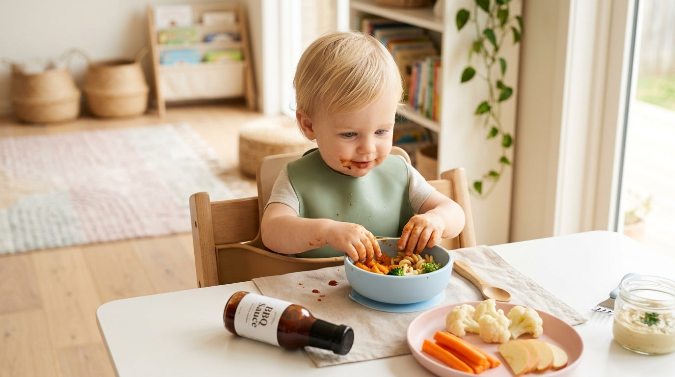 A messy toddler covered in sticky barbecue sauce sitting in a high chair.