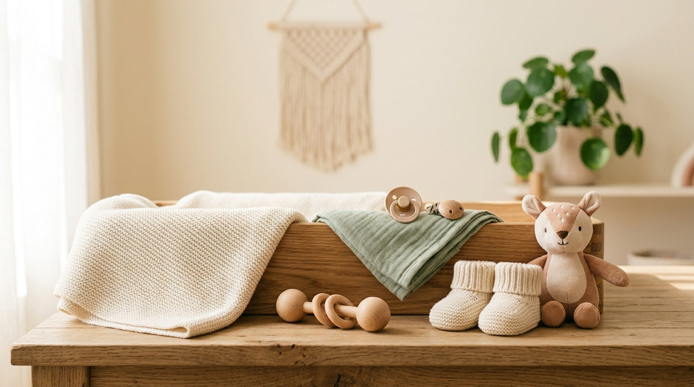 Exhausted mom holding a crying newborn in a dimly lit nursery at 3 AM