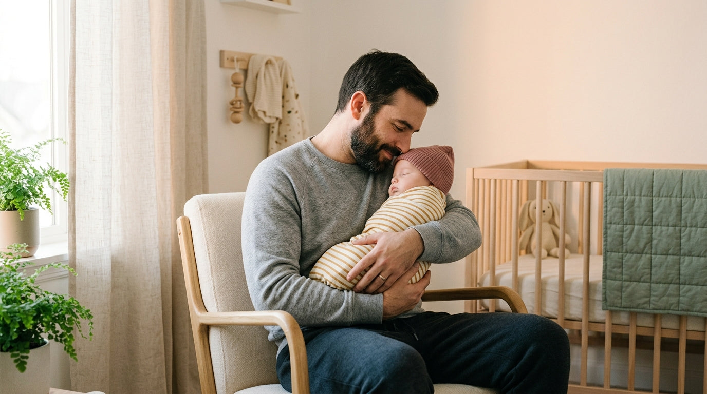 Exhausted dad holding a baby in a dimly lit nursery room.