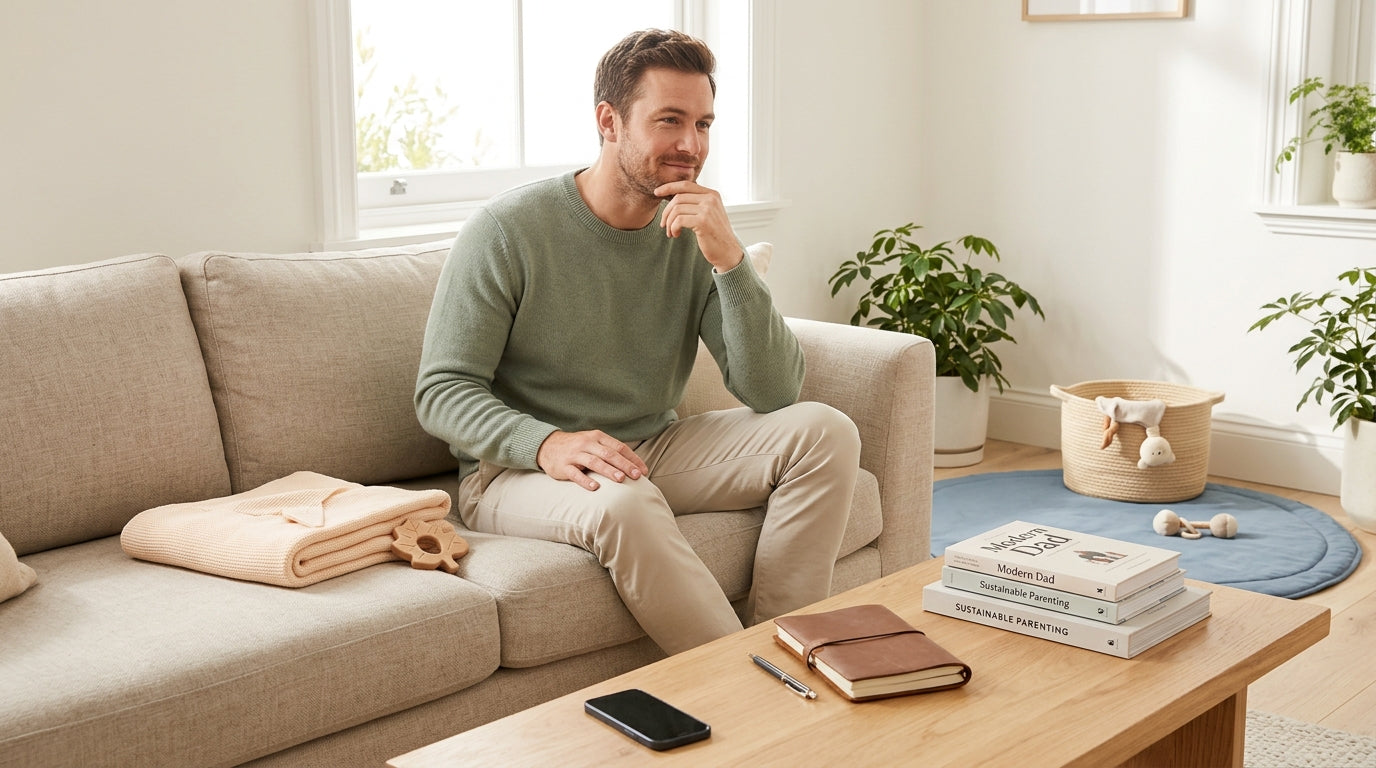 A stressed dad looking at his phone while a baby sits under a beach tent in Portland