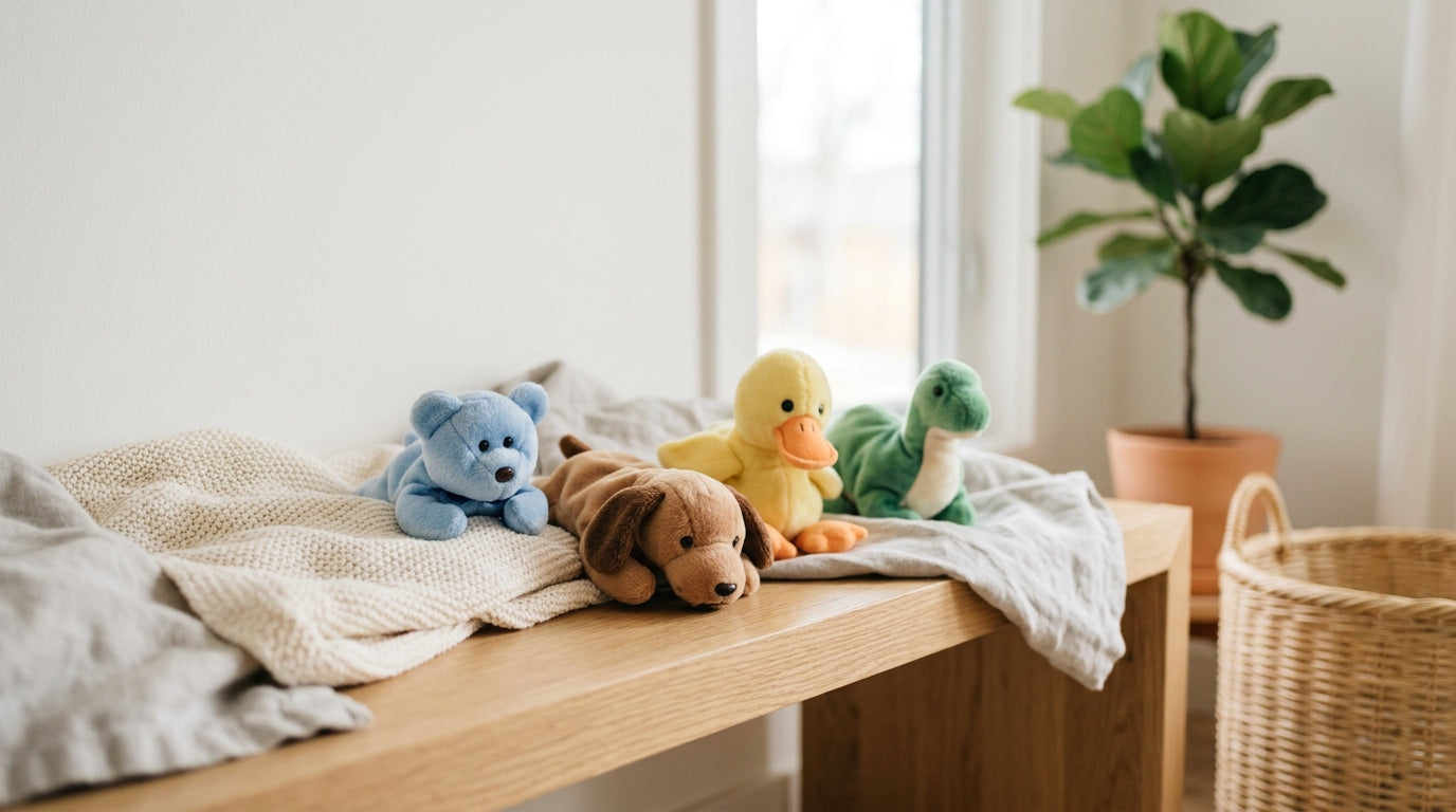 Mom looking through a dusty plastic bin of 90s stuffed animals
