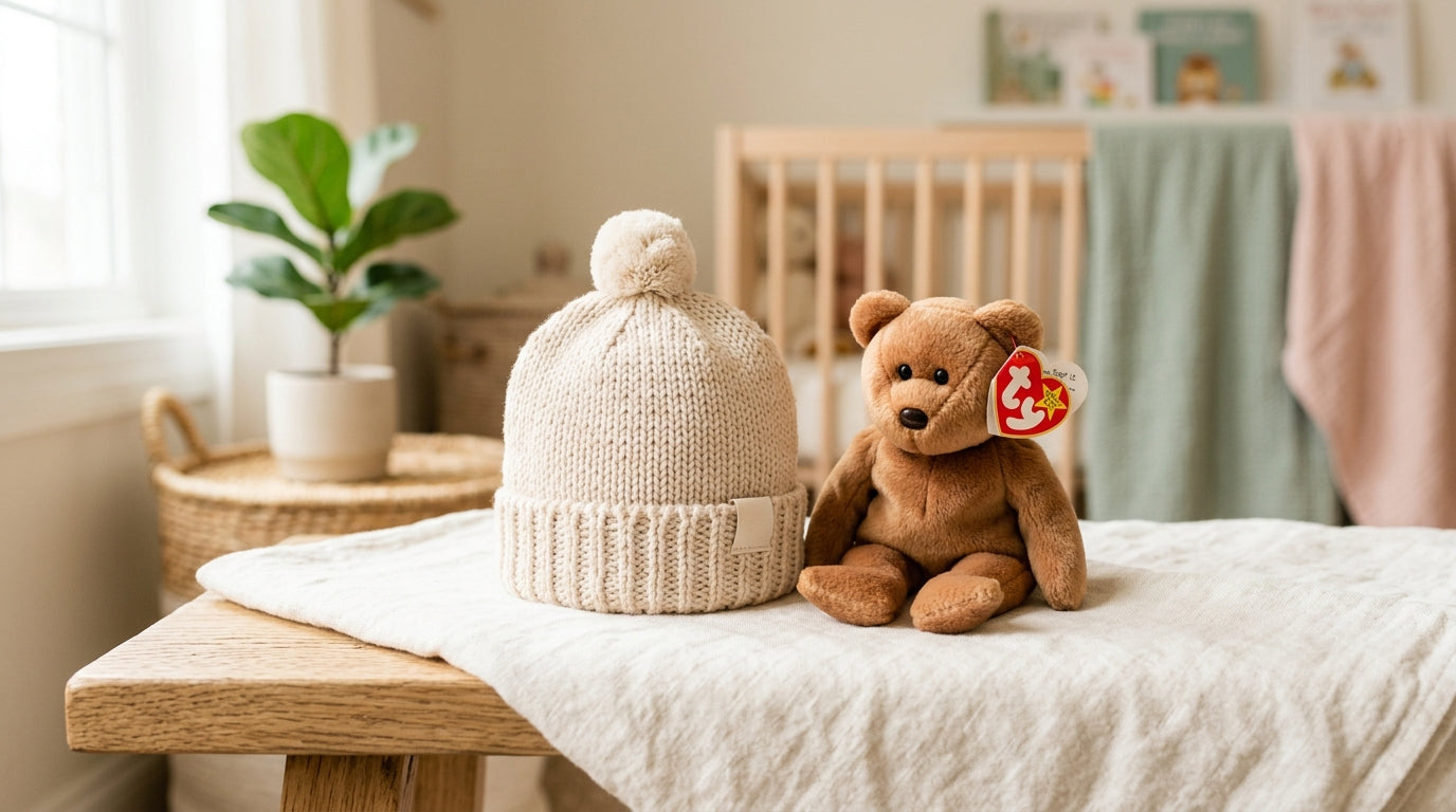 Vintage plush toy sitting next to a modern wooden baby gym