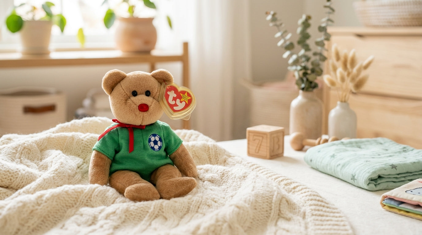 A vintage Beanie Baby sitting on a wooden nursery shelf next to a coffee cup.