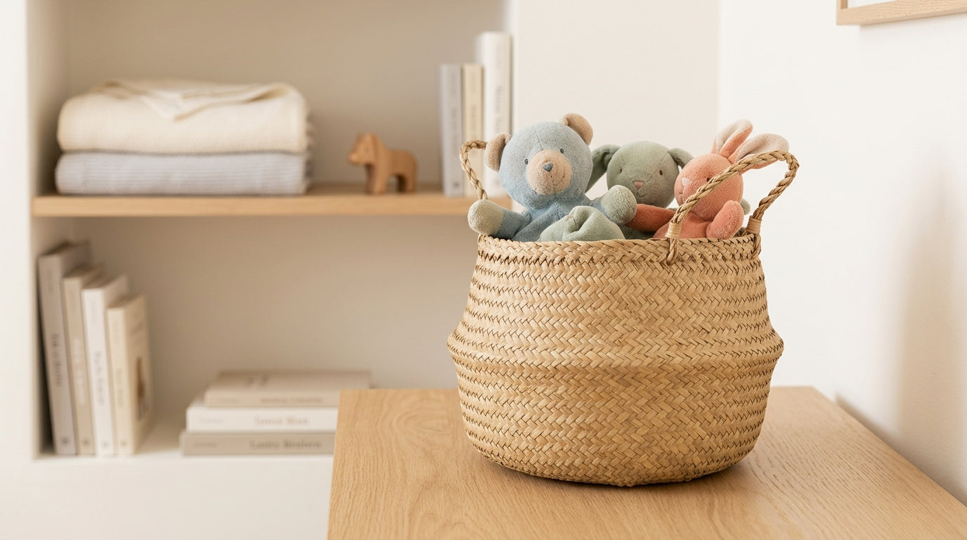 A dusty plastic storage bin filled with colorful 90s plush animal toys