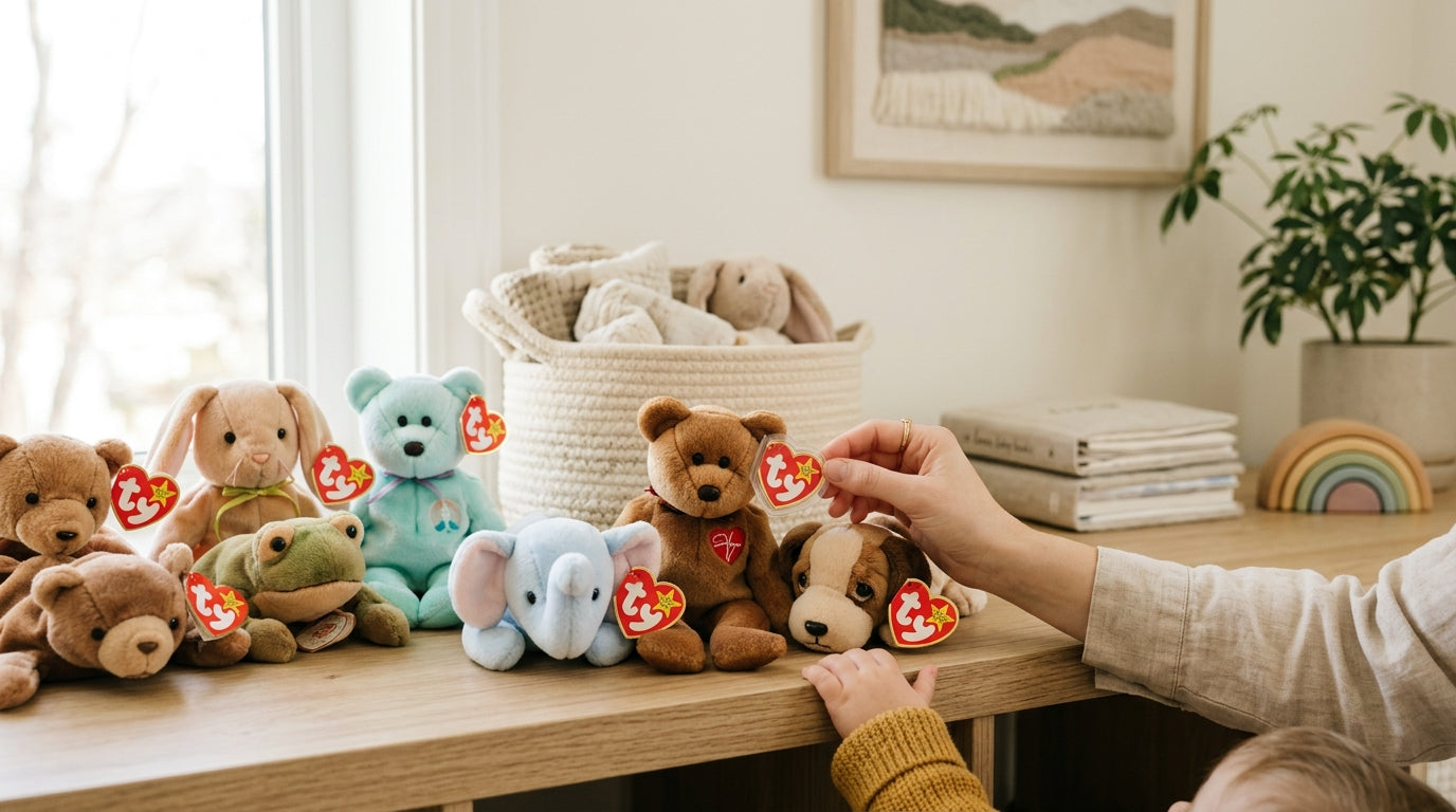 A dad holding a vintage 90s plush toy with a red heart tag while a baby reaches for it