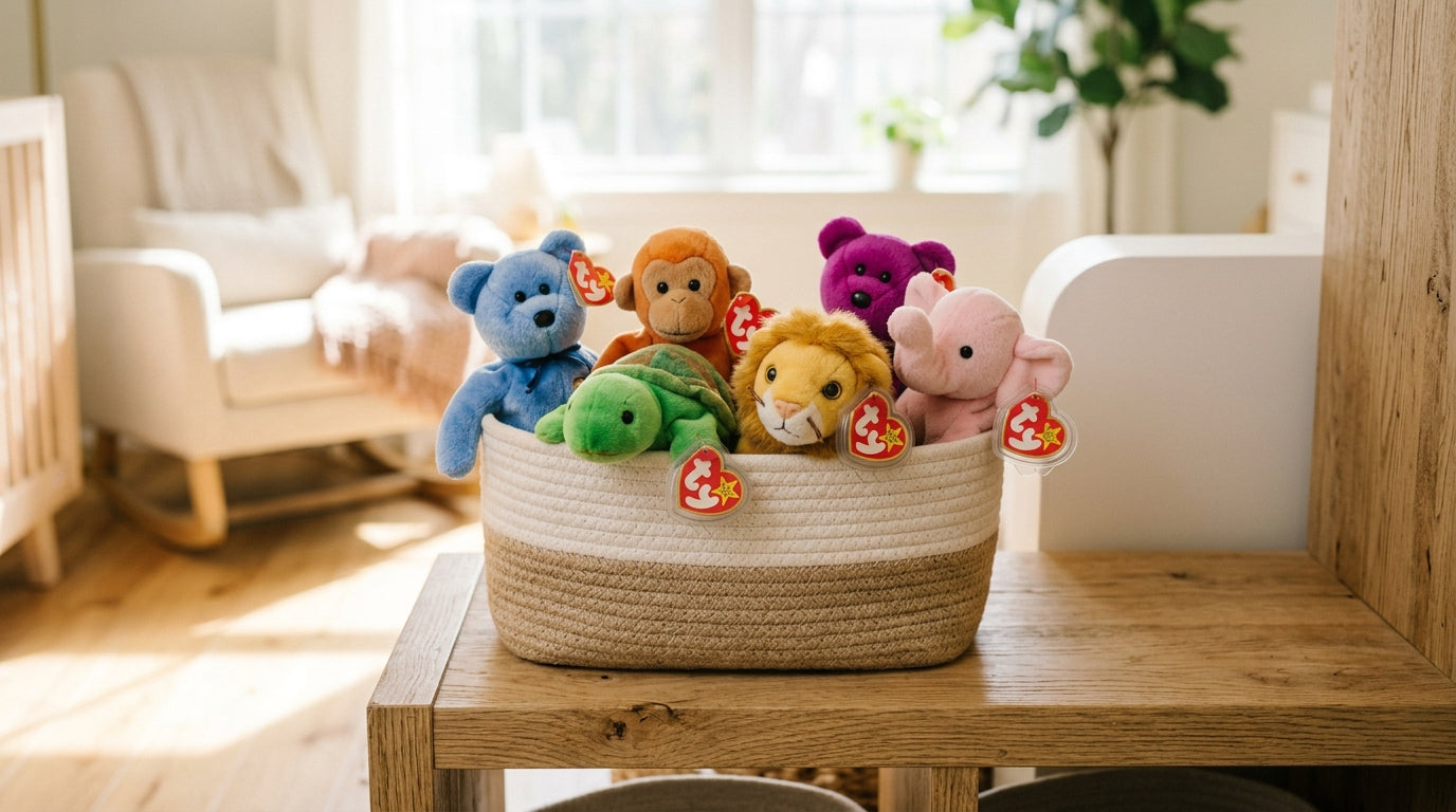 Vintage 90s stuffed animal sitting on a wooden shelf out of a baby's reach
