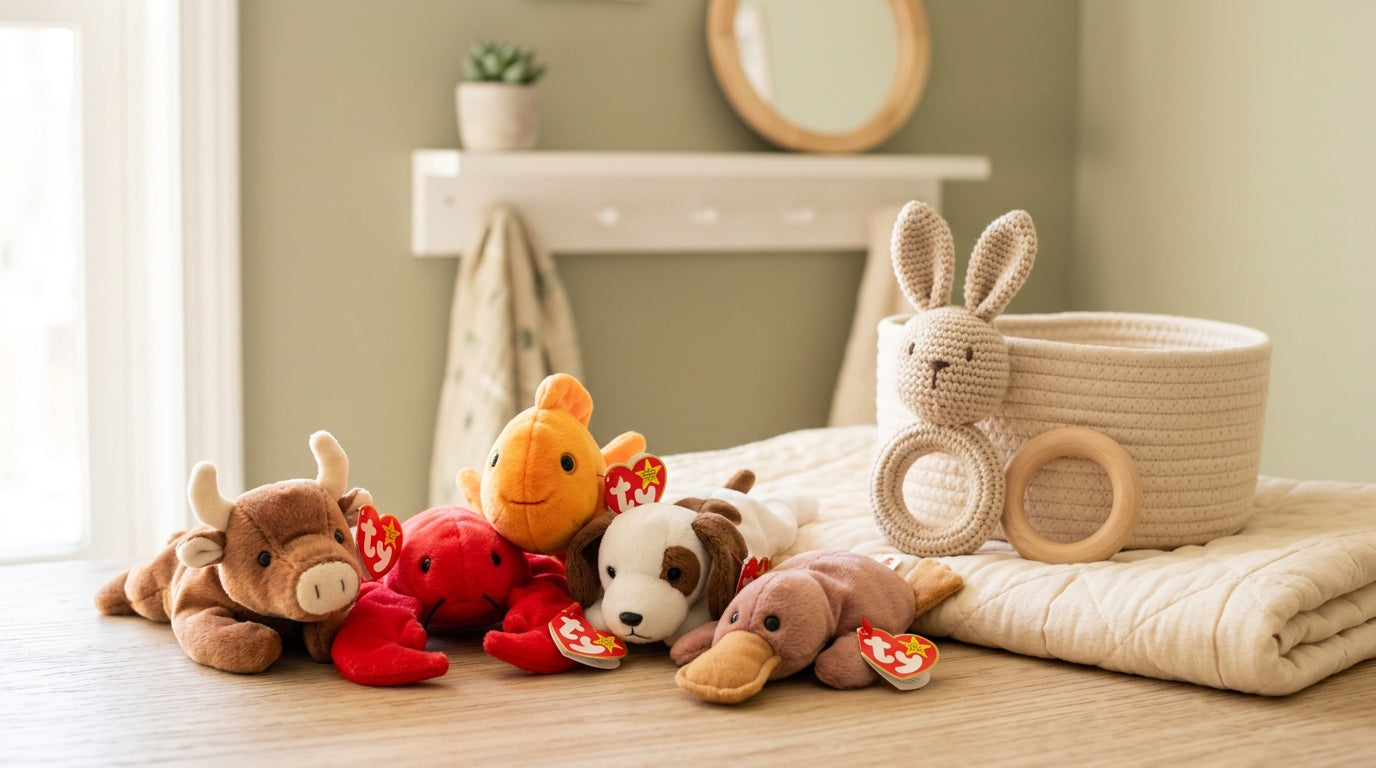 Vintage 90s stuffed animals sitting in a plastic storage bin in an attic
