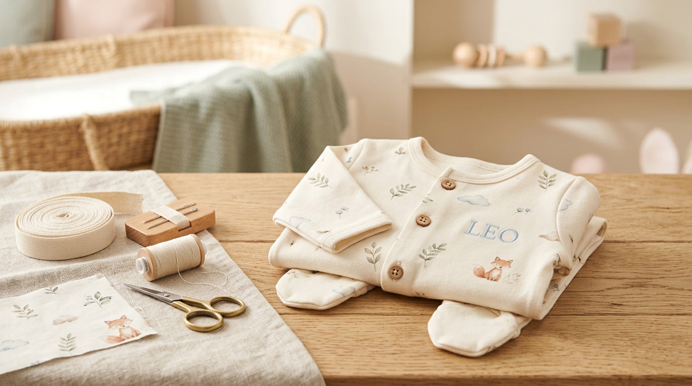 Confused dad inspecting a printed baby romper while his baby plays on the floor