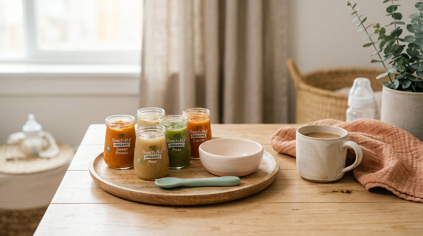 Baby sitting in high chair with an open glass jar of pureed food