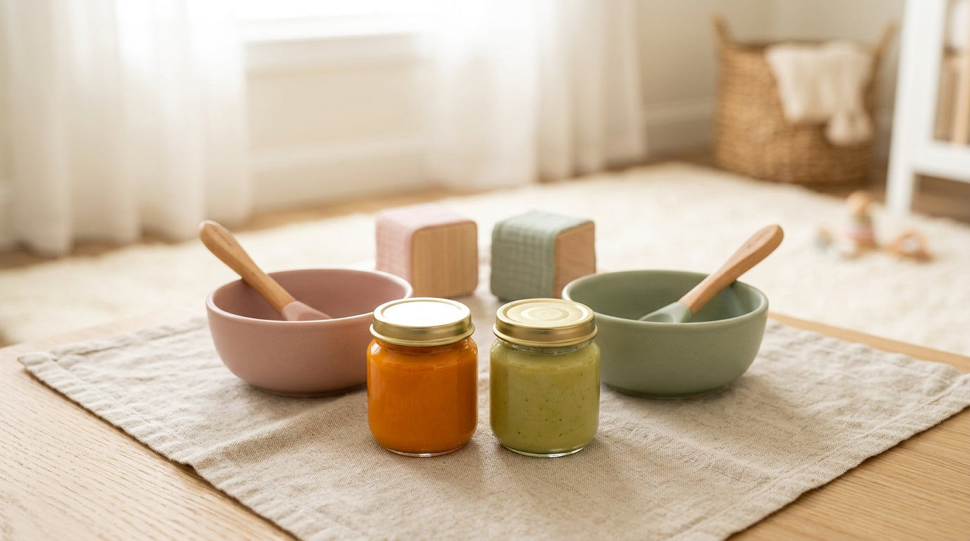 Two messy toddlers covered in puree while dad opens a glass jar of beechnut baby food