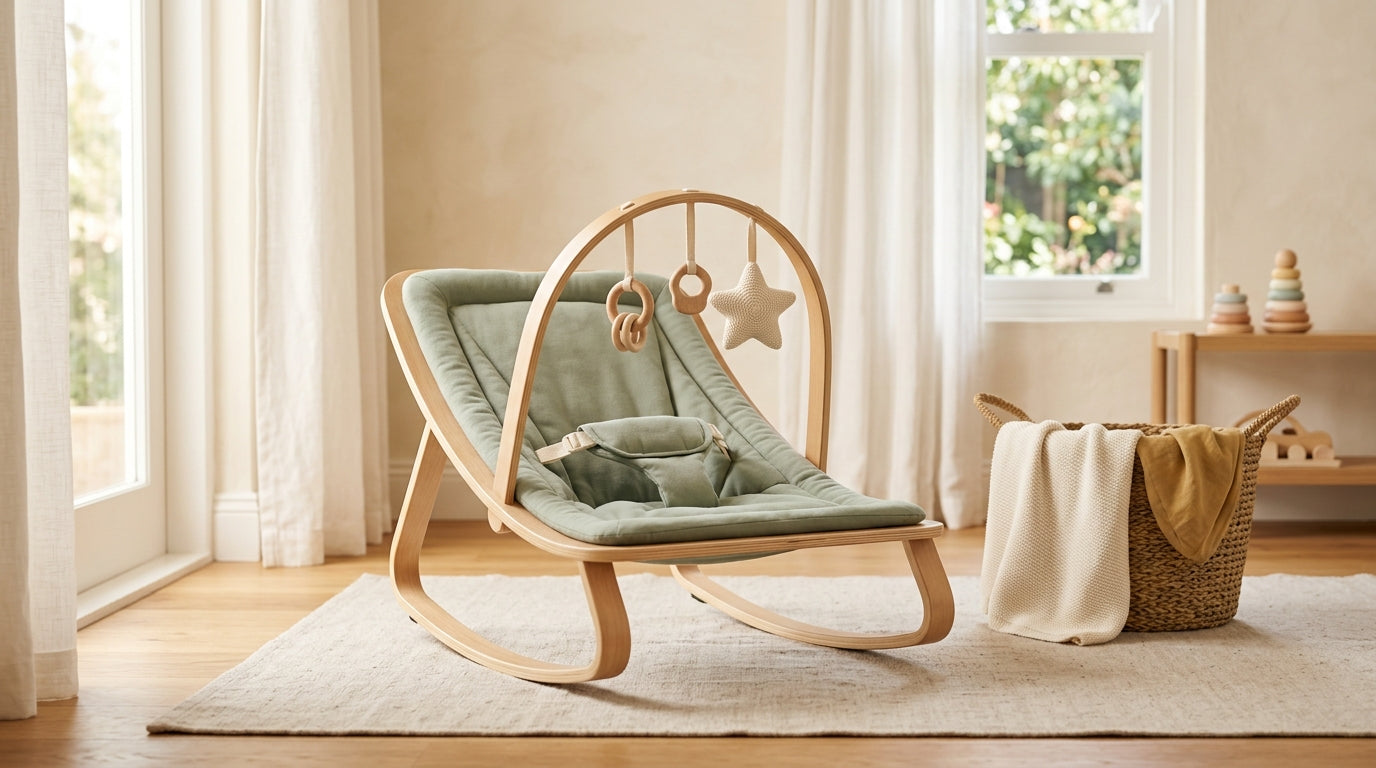 Exhausted mom looking at a baby sleeping safely outside of the best baby bouncer