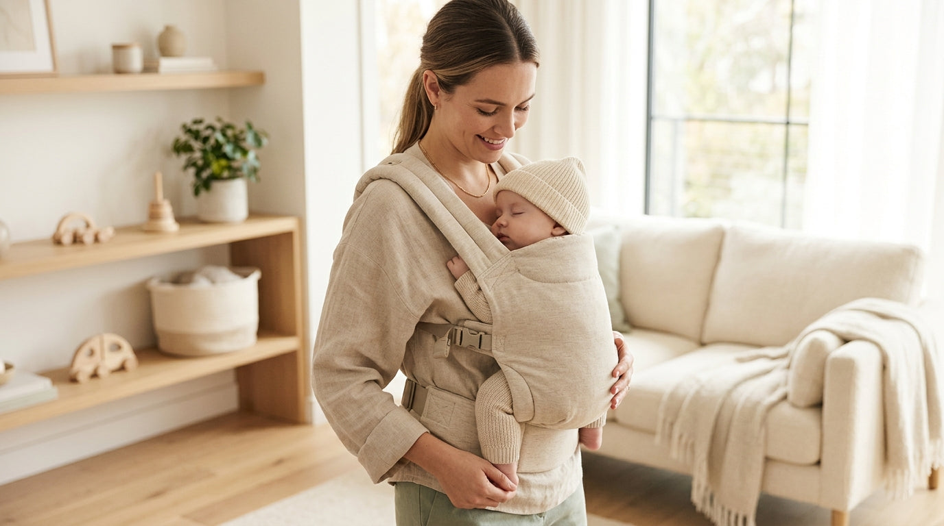 Tired mom drinking coffee while wearing her baby in an ergonomic structured carrier