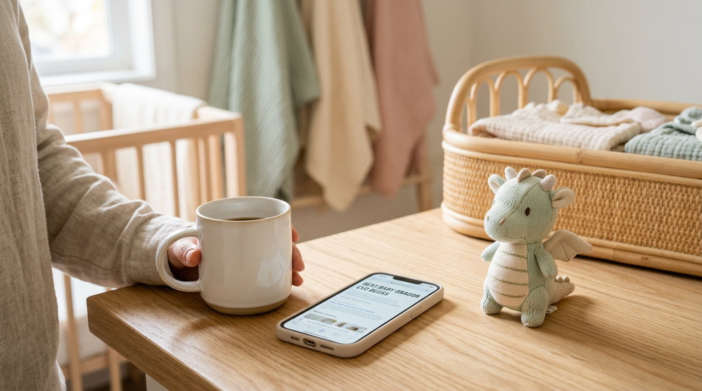 Confused mom looking at an iPad while her toddler plays with an organic cotton blanket