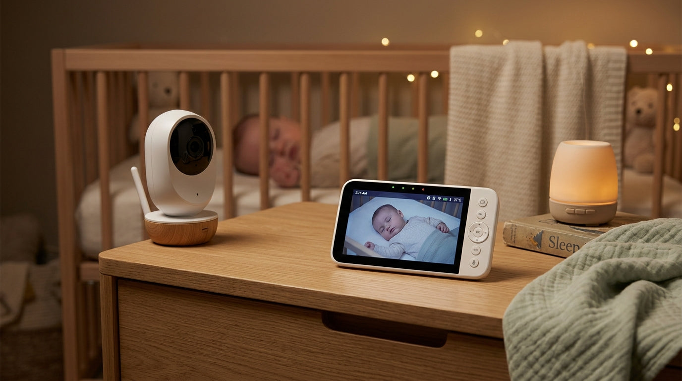 Mom holding a baby monitor parent unit in a dark nursery