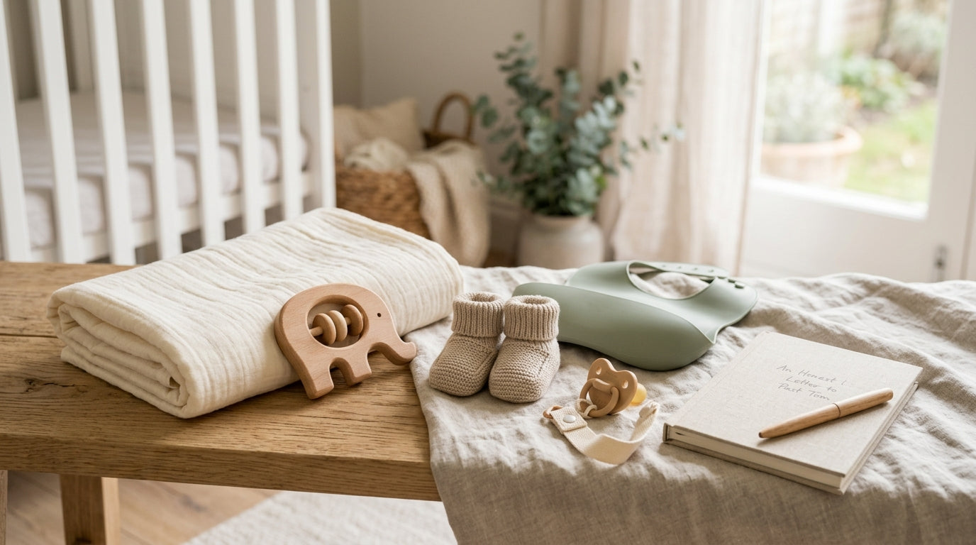 A bewildered dad holding a tiny impractical baby outfit while toddlers create chaos.