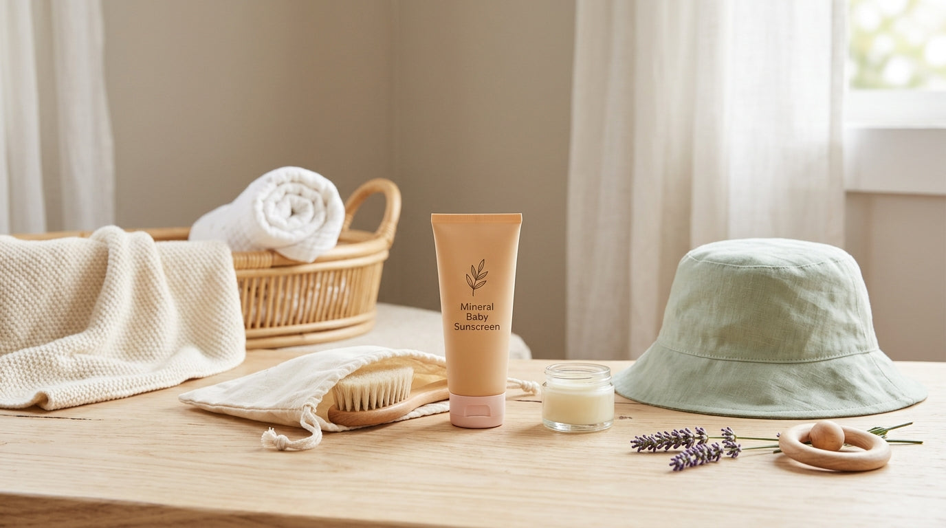 A toddler covered in thick white mineral baby sunscreen at the beach