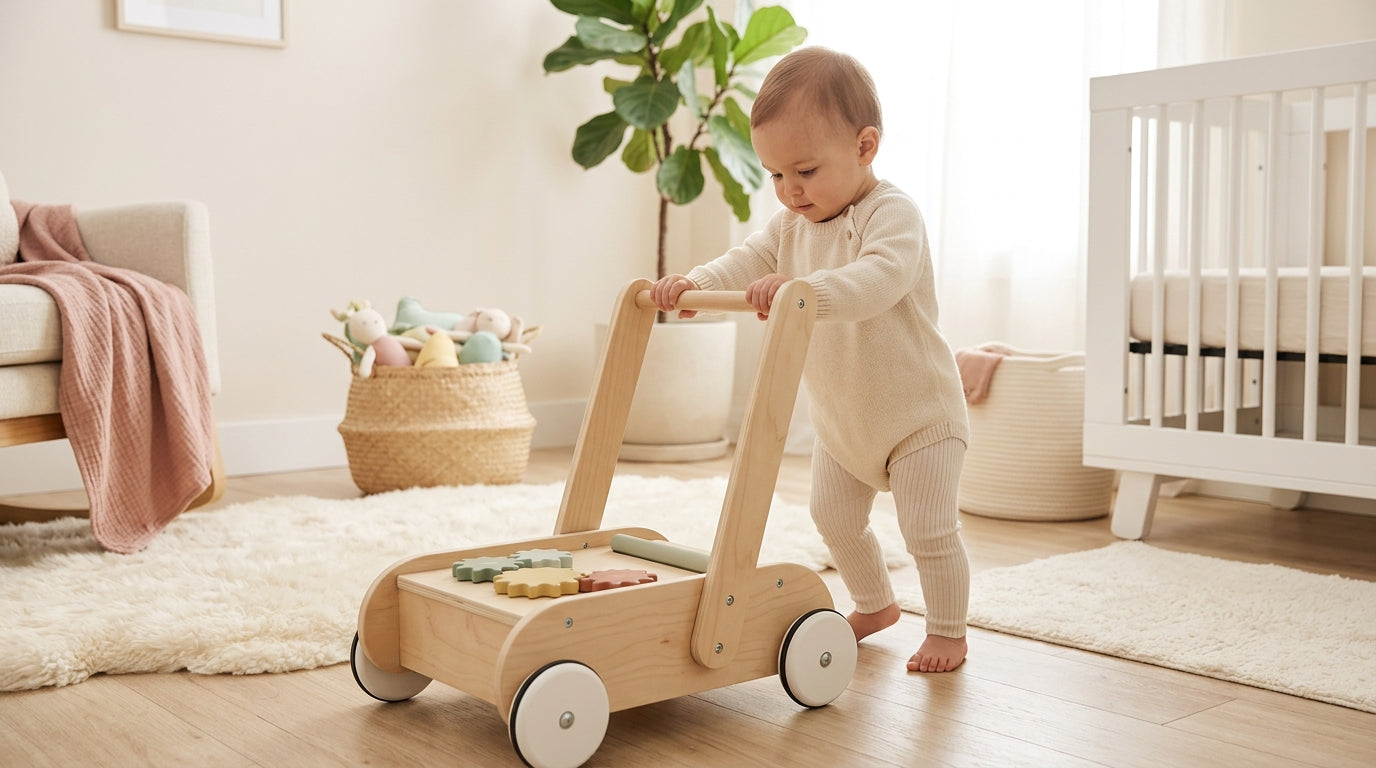 A wooden push toy sitting in a messy living room next to a cold cup of coffee