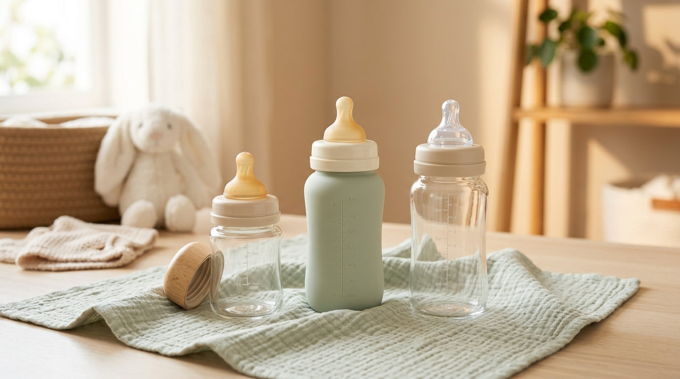 A frustrated mom holding a slow-flow bottle next to a nursing pillow