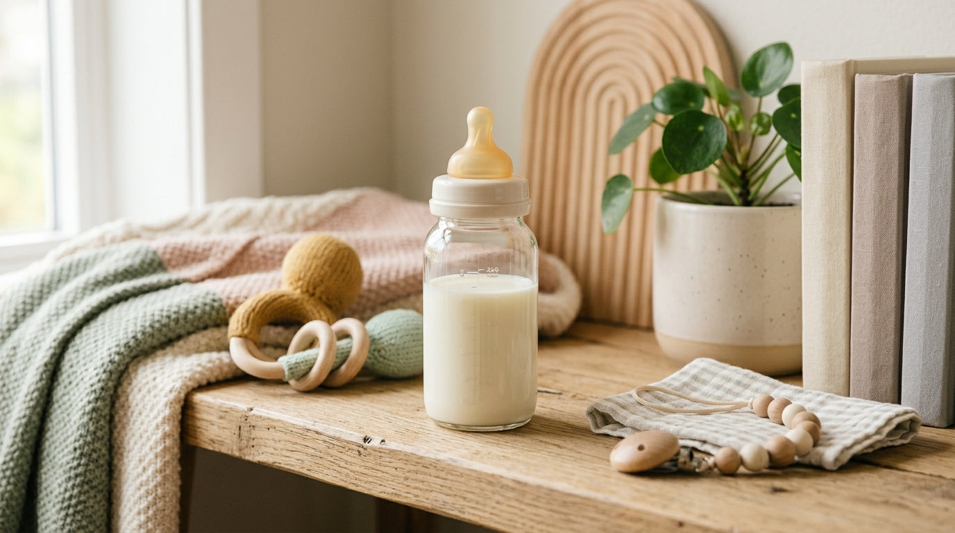 A tired mom holding an organic baby bottle while wiping spit-up off her shirt in a dimly lit nursery.