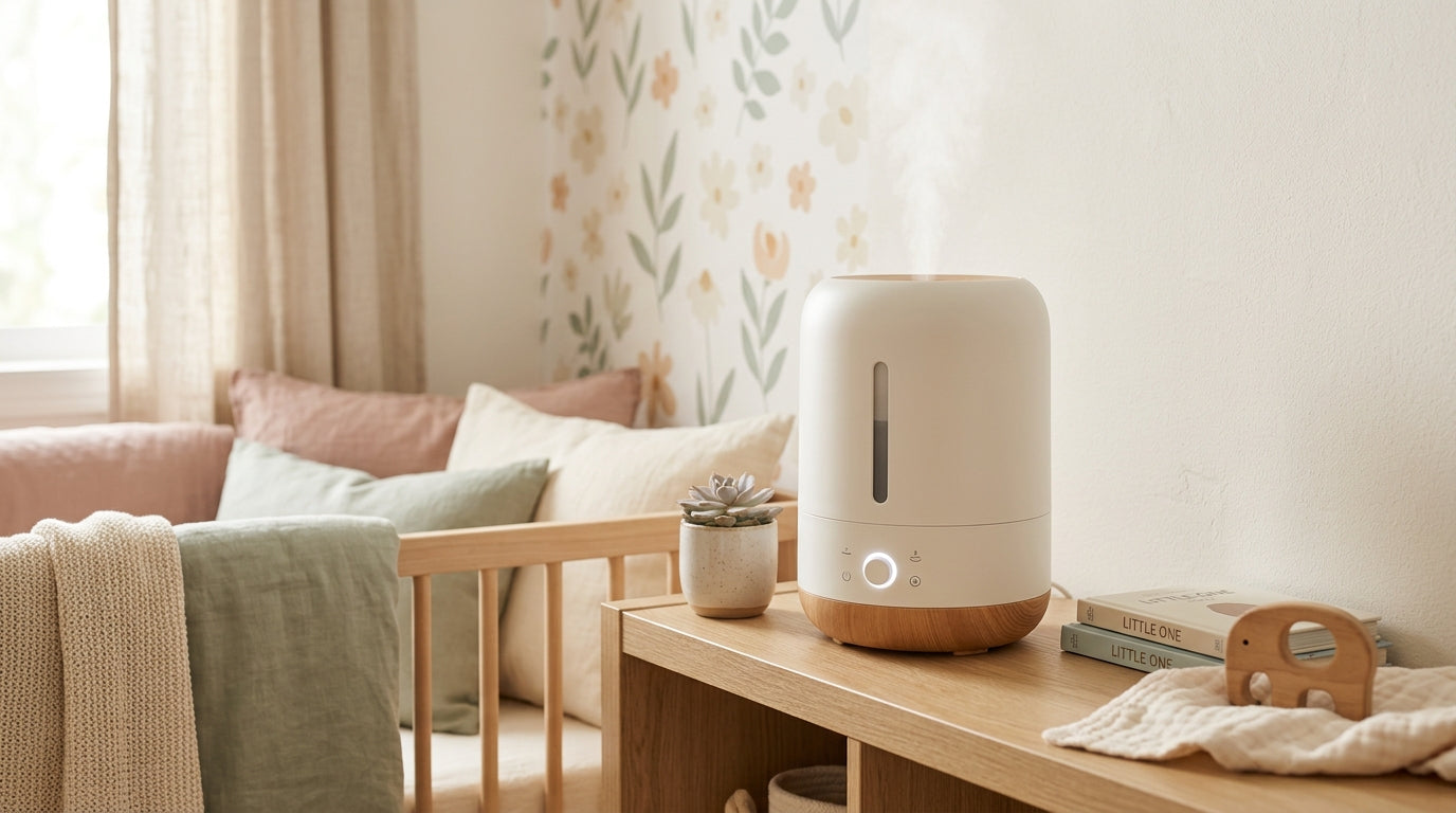 A dad troubleshooting the best humidifier for baby next to a crib