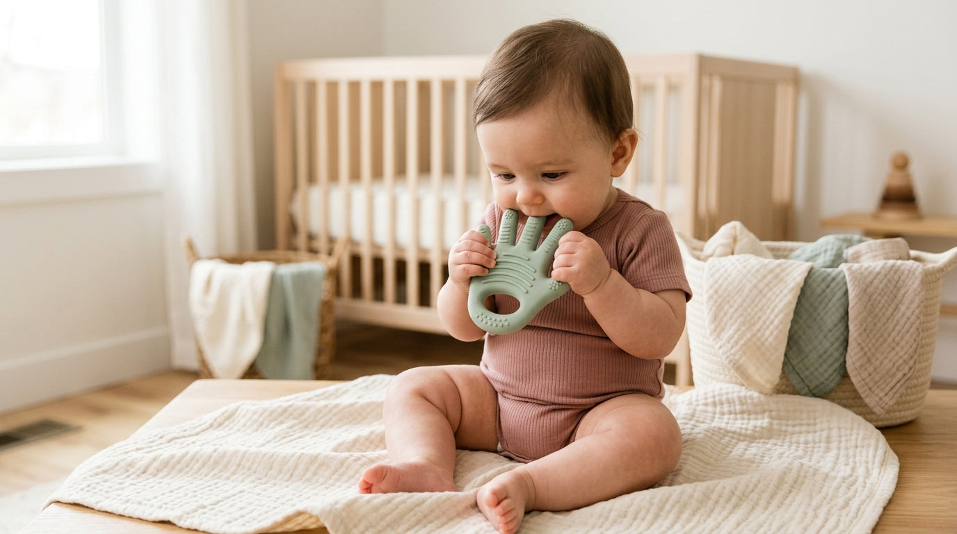 Baby sitting in a car seat aggressively chewing on a silicone hand teether