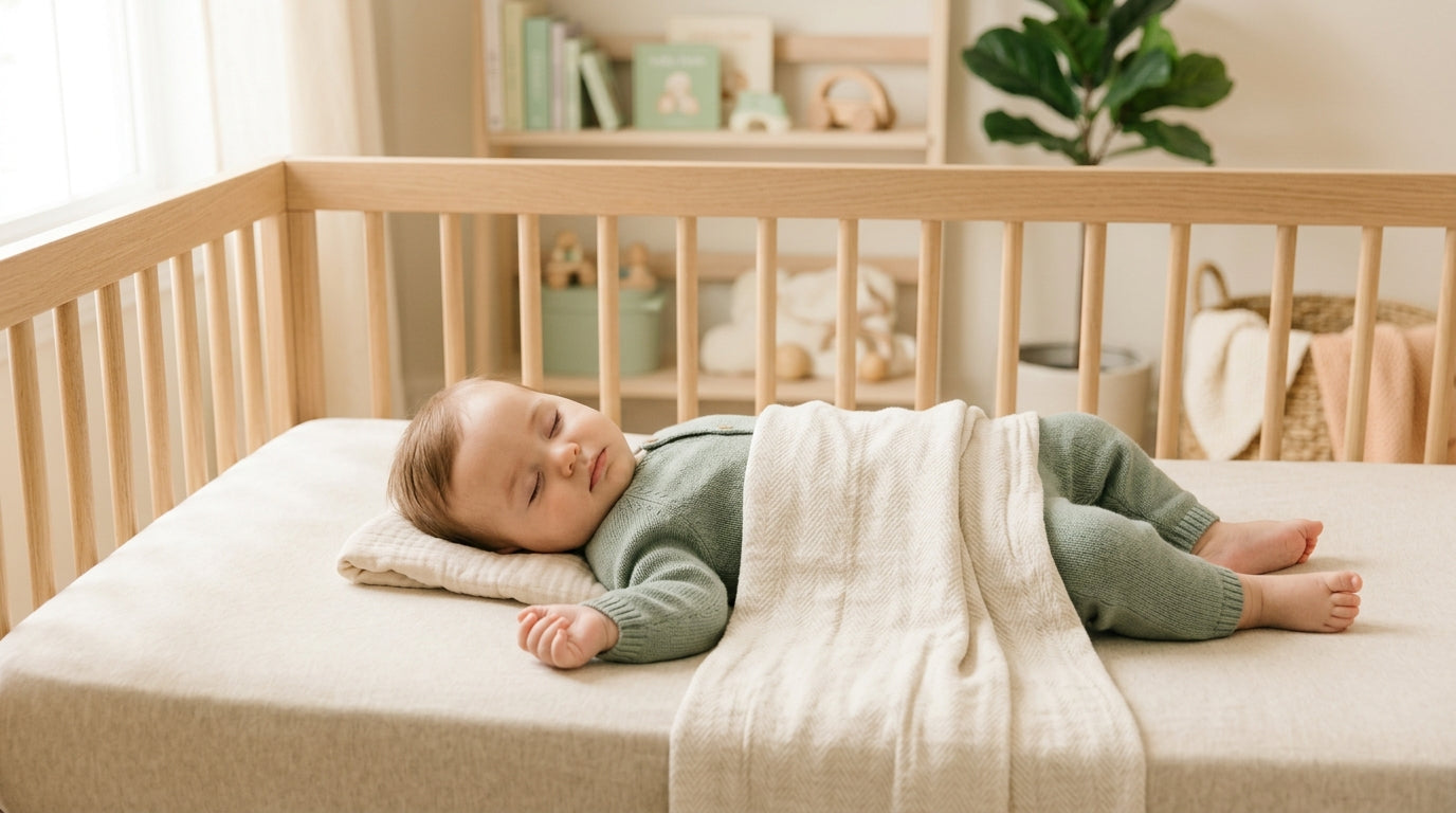 Tired dad googling the best sleeping position for baby with stuffy nose while his infant sleeps flat on their back.
