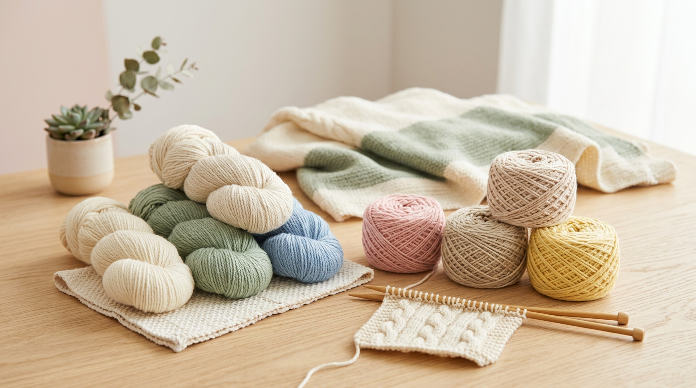 A pile of organic cotton baby blankets next to a wooden crib
