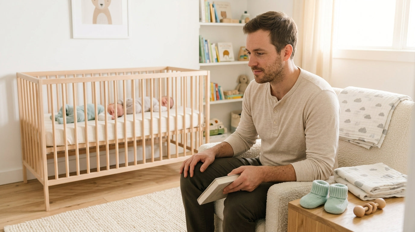 An exhausted dad holding a phone in a dark nursery while surrounded by wooden baby toys