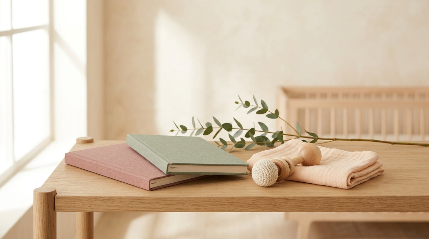 A wooden play gym on a rug next to a cold cup of coffee and sensory toys
