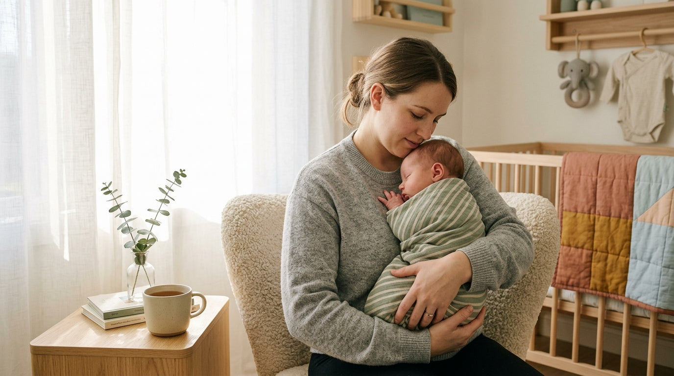 A tired dad holding a newborn baby while looking at his smartphone in a dark room