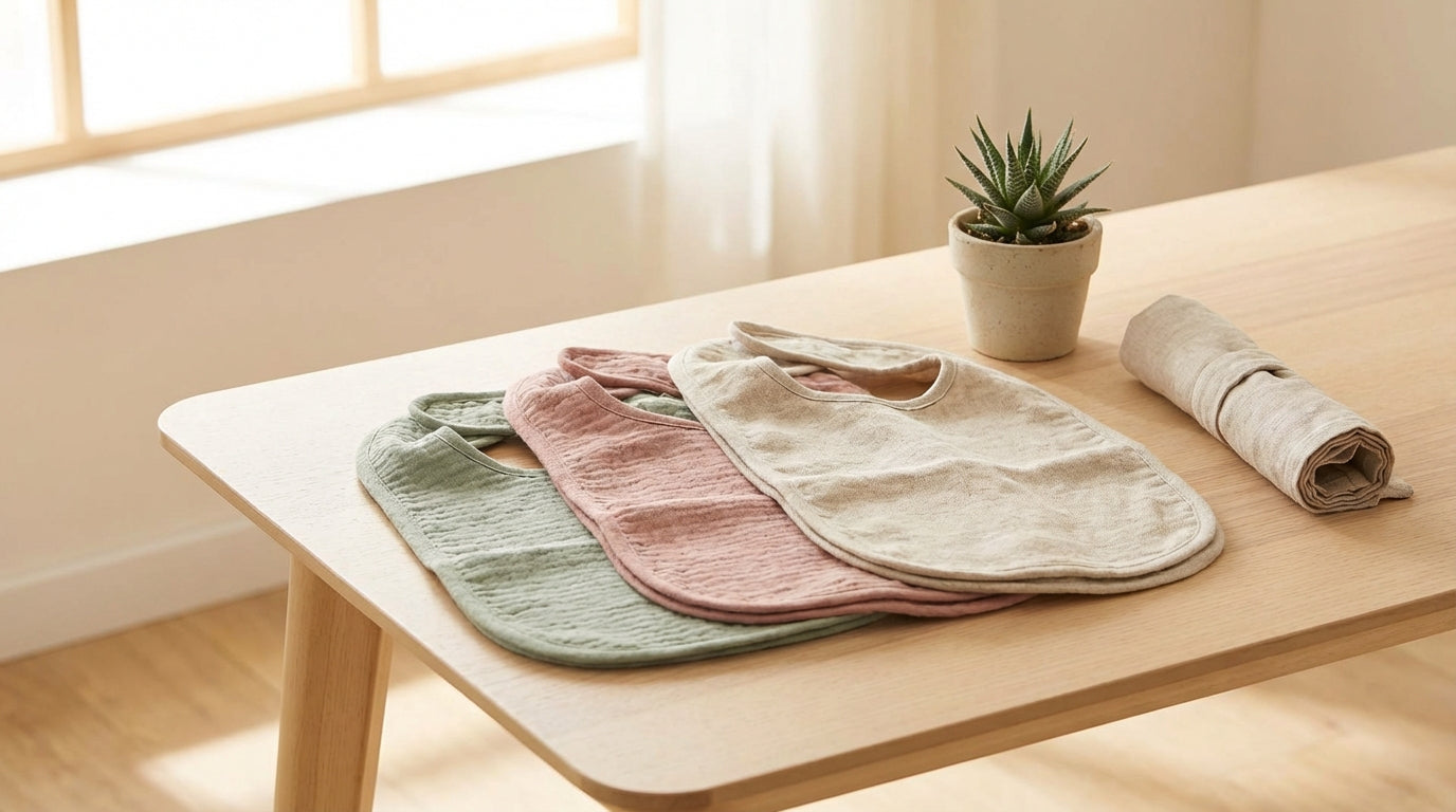 A dignified floral adult dining scarf protecting a woman's blouse during a messy family dinner